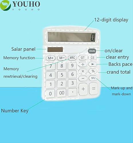 Miniatura 5 de YOUHO Calculadora electrónica de función estándar de doble potencia de batería solar con pantalla LCD grande - blanco