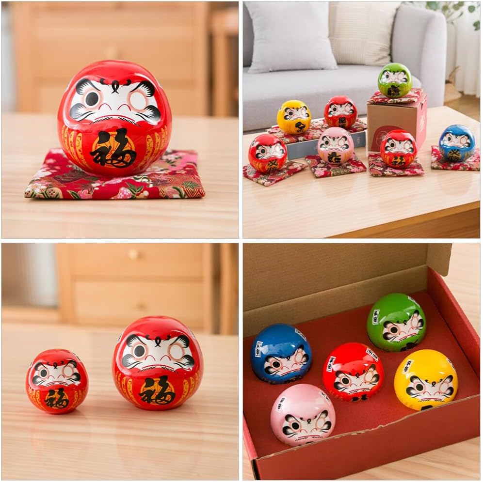 HOMSFOU Japanese Daruma Doll 6cm Ceramics Mini Daruma Zen Statue Ochoko Daruma Collectible Figurine Good Luck Ornament for Home Table Car Interior Decoration Red image 5
