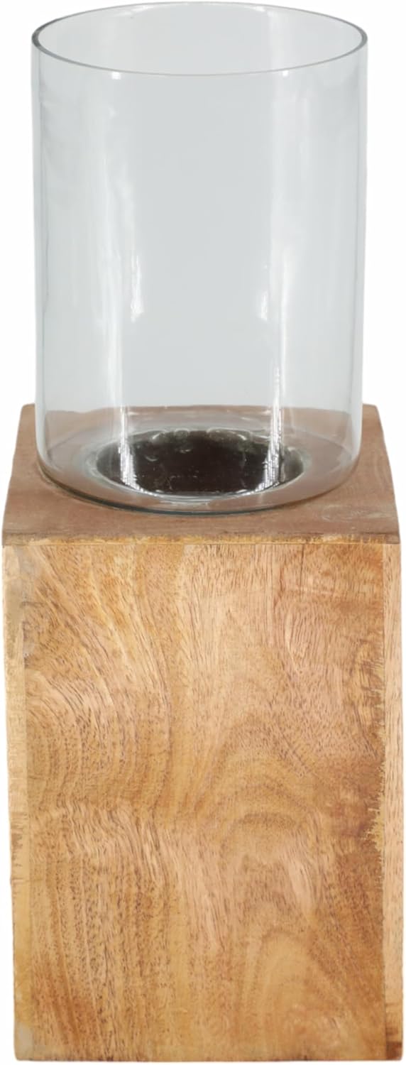 Sagebrook Home Natural Wood Solid Color Square Base Pillar Hurricane Candleholders