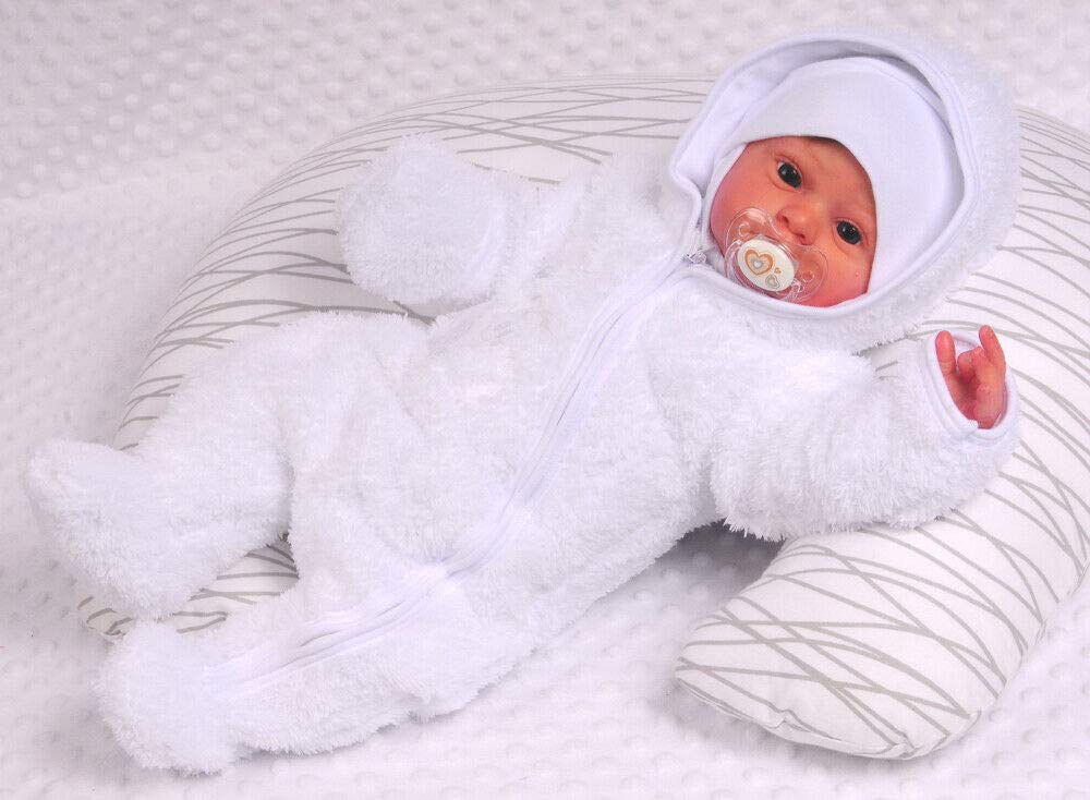 Overall Baby Wagenanzug – Größen 50 56 62 68 74 – Übergangsanzug warm aus Frottee-Stoff mit Baumwollfutter und Umschlagärmeln – Weiß Unisex