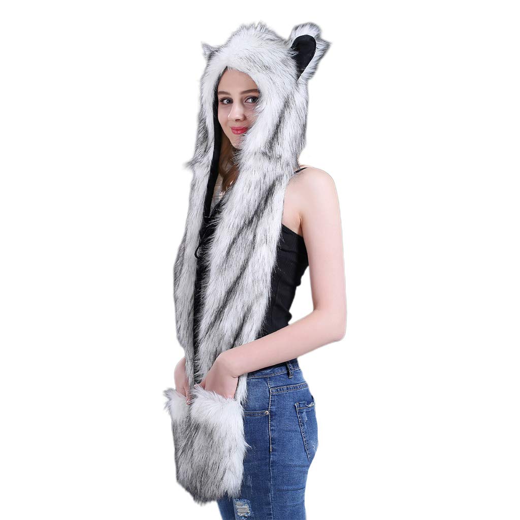 Écharpe 3 En 1 Femme/homme En Peluche – Bonnet, écharpe Et Moufles Avec Pattes, Motif Loup/léopard, Taille Unique, Gris Foncé