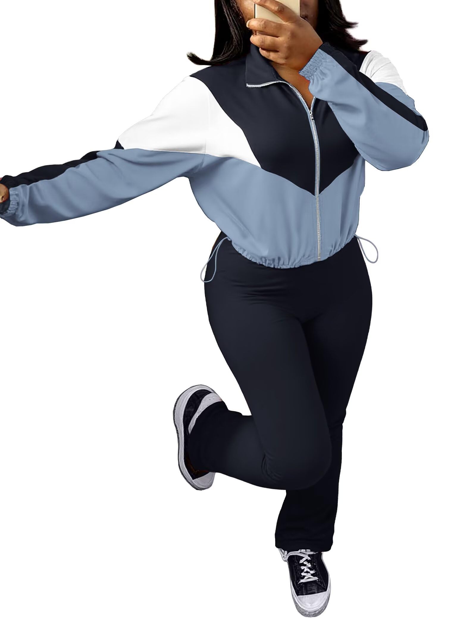 Ophestin Women 2 Piece Outfits Sweatsuits Color Block Long Sleeve Zip Up Cropped Jacket Jogger Pant Set Tracksuits