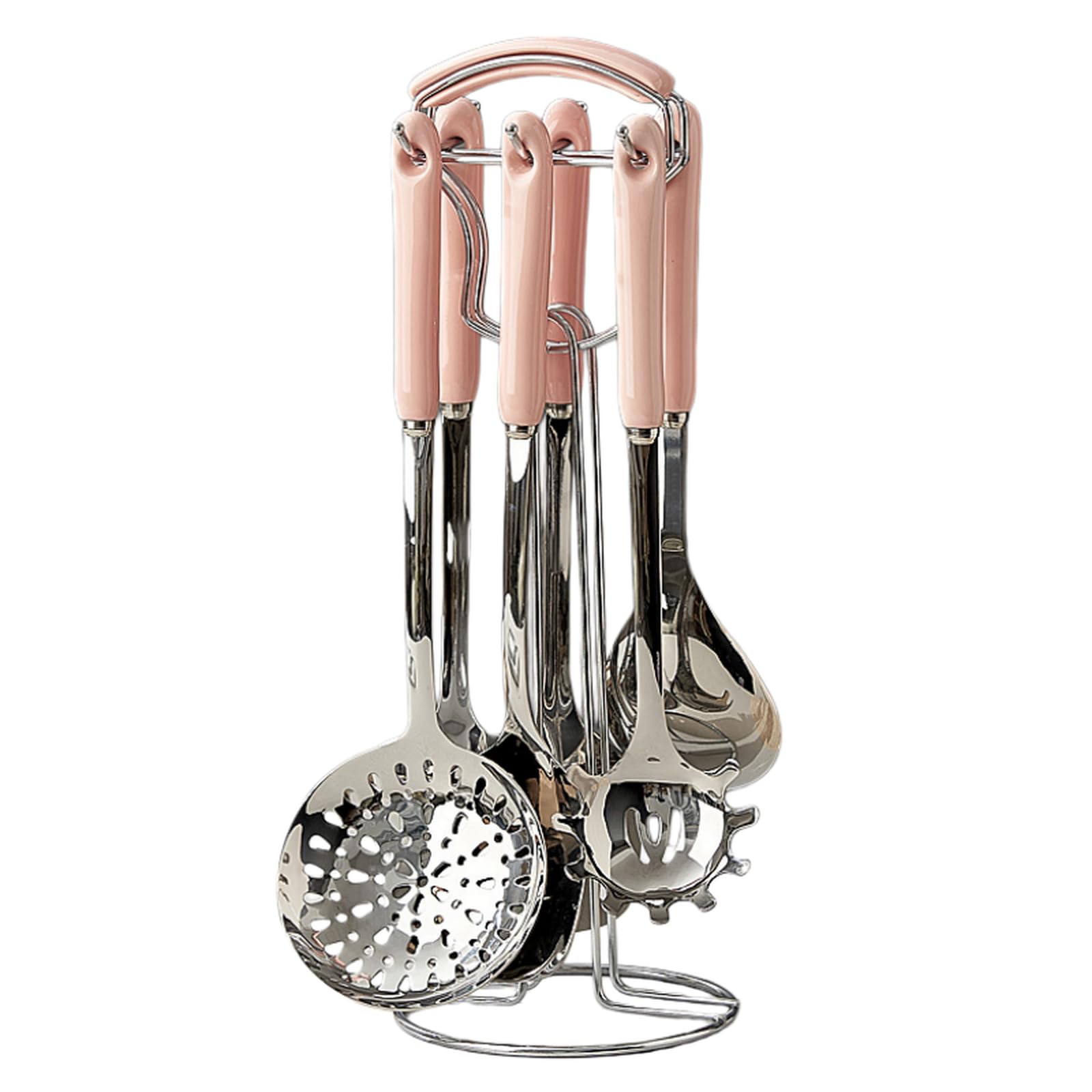 Set di 7 utensili da cucina in acciaio inox 304 con manici in ceramica: spatola resistente al calore, mestolo, schiumarola e paletta con supporto girevole.