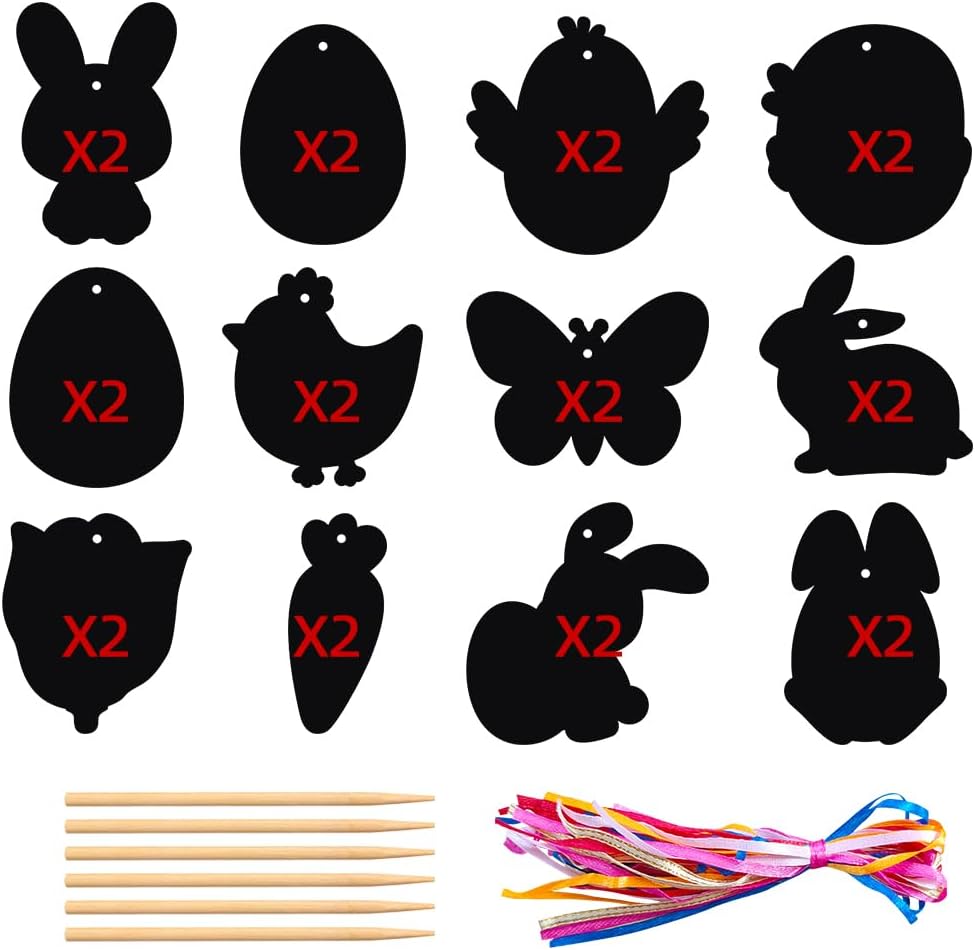 SOSAZOZA 24 Pcs Easter Scratch Crafts, Magic Rainbow Scratch Paper Kit, Easter Scratch Paper, Cute Bunny Scratch Art, Easter Egg Rainbow Scratch Paper Ornaments, Easter Party Favors