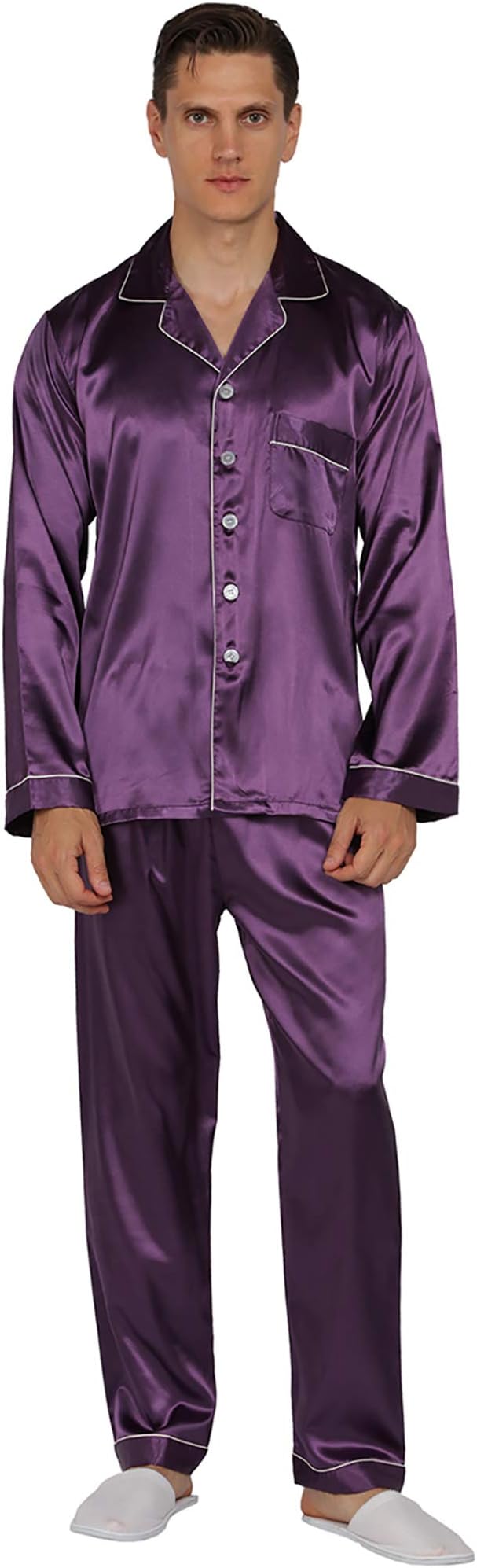 Mens Satin Pajamas Set Classic Short Sleeved and Long Pants Sleepwear Loungewear