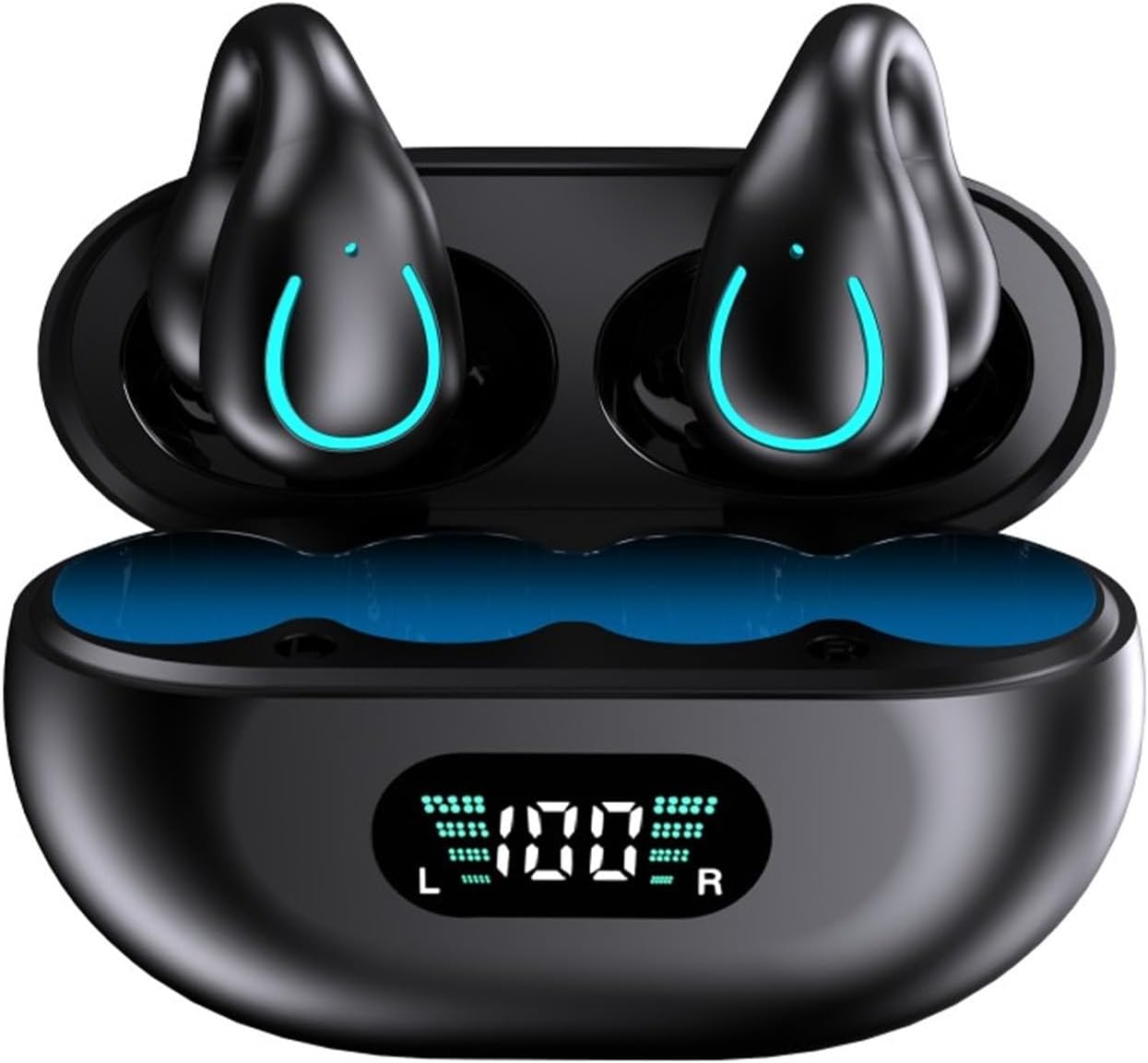 Fone de Ouvido Condução Ossea Bluetooth 5.3, Estéreo Hi-Fi, Longa Autonomia, Estojo com Display LED, Controle por Toque, Fone Esportivo Abertos com Clip para Corrida, Atividades ao ar livre