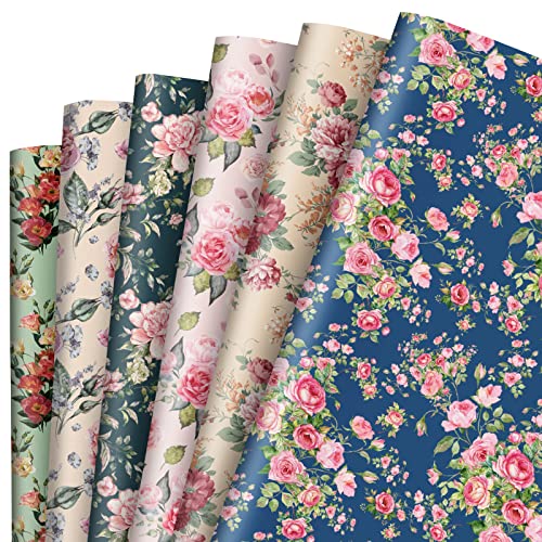 Papier cadeau floral vintage pour mariage et baptême rustique | 12 grandes feuilles Whaline