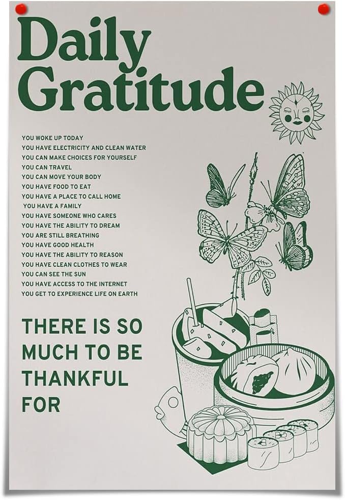CHNLML Vintage Green Inspirational Quotes Daily Gratitude Posters for Room Aesthetic Cute Sunflower Butterfly Food Canvas Wall Art Painting Decor Pictures Kitchen Dining 16x24in Unframed