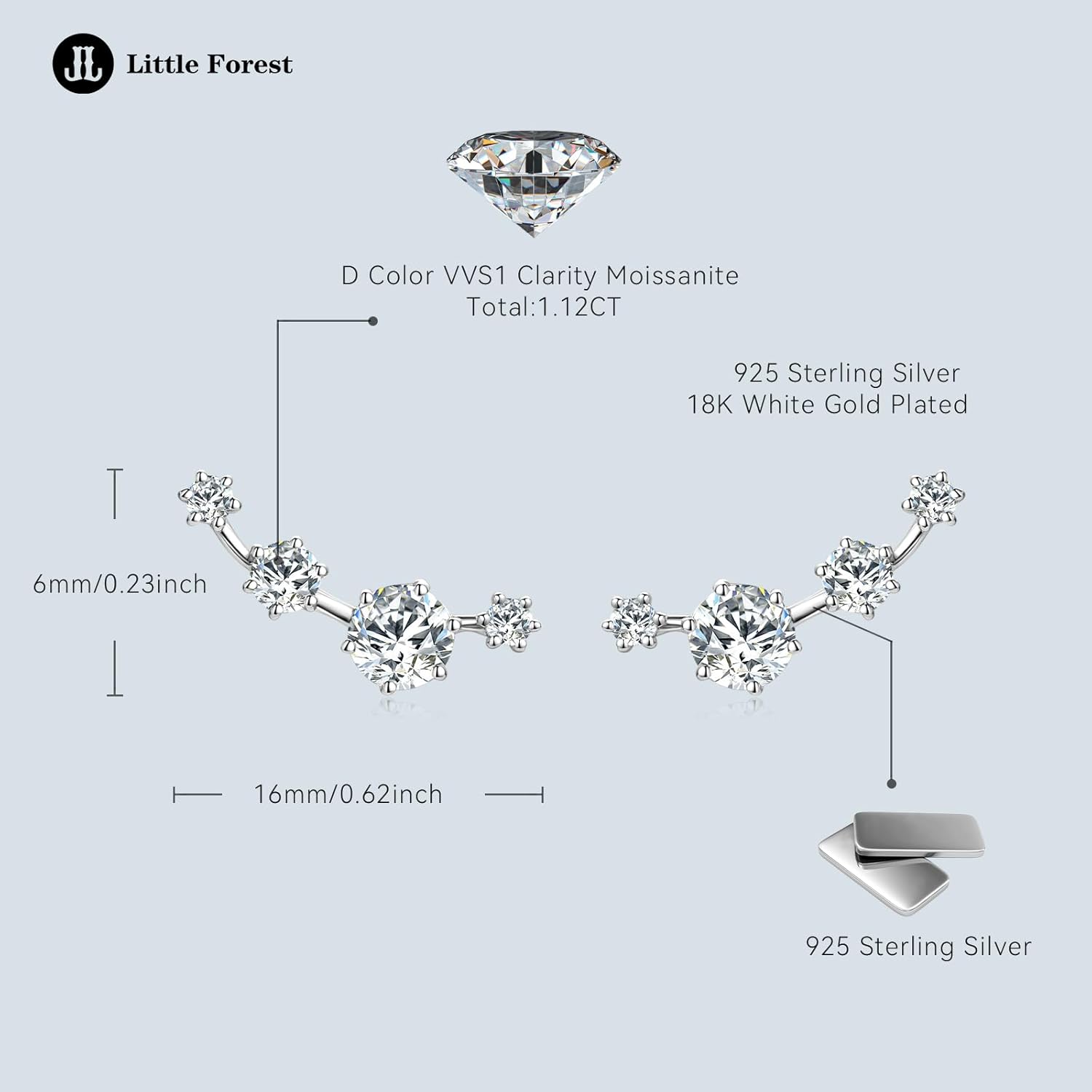 Moissanite Crawler Stud Earrings for Women, 925 Sterling Silver Cuff Wrap Earring D Color Lab Created Moissanite Hypoallergenic Climber Earring for Sensitive Ears Dainty Jewelry Christmas Birthday Gifts - Image 5