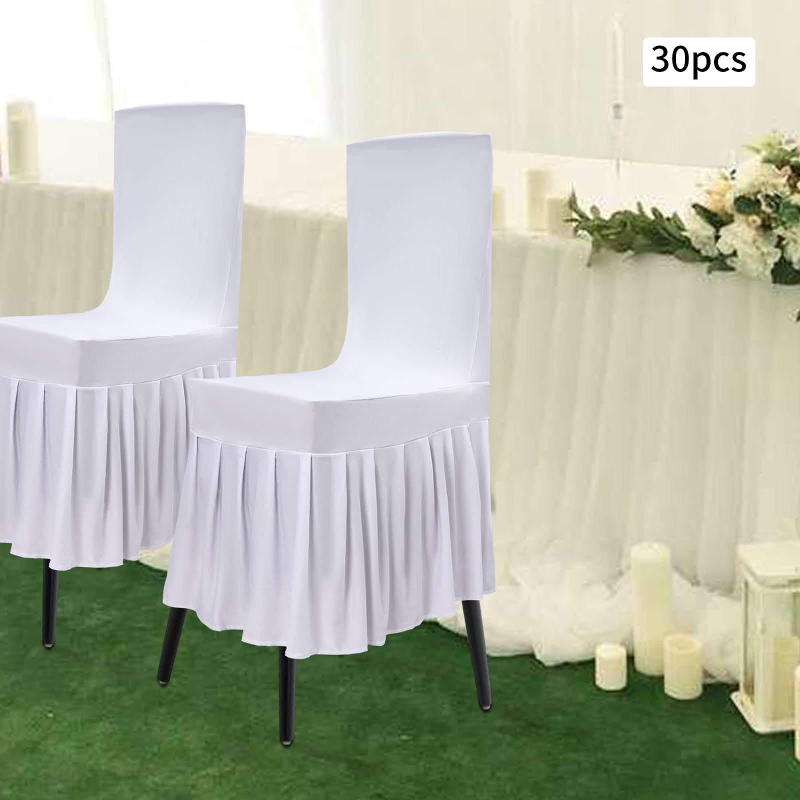 Stuhlhussen Weiß 30 Stück,95% Polyester+5% Elasthan Spandex-Stuhlhussen für Wohnzimmer, universeller Esszimmerstuhl-Schonbezug Stretch Stuhl Slipcover mit Rock, für Hochzeit, Bankett und Party