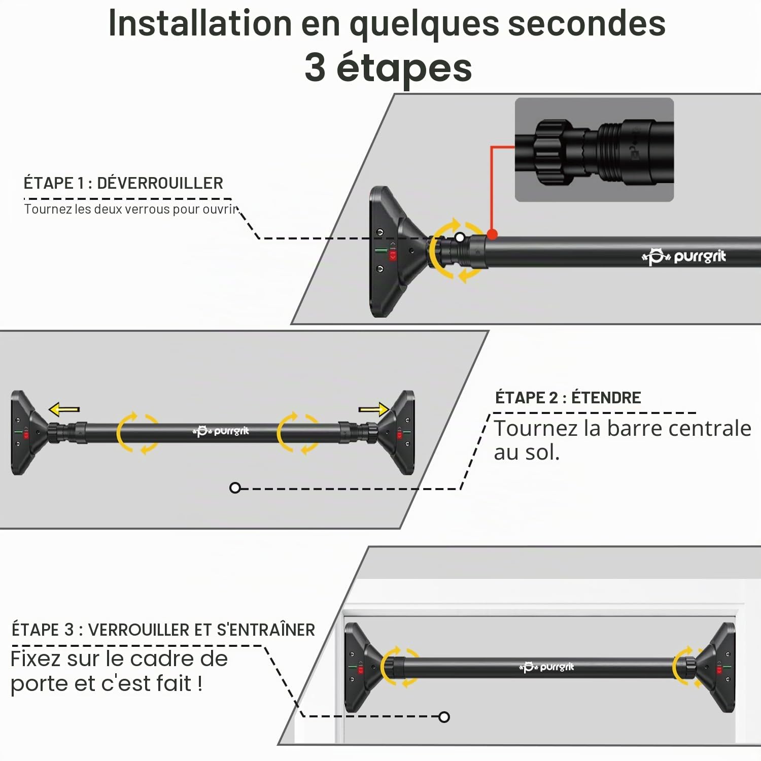 Barre de traction pour porte de 74 à 95 cm, barre de porte pour équipement de gym à domicile, Avec tapis de protection murale，montage sans vis, antidérapant