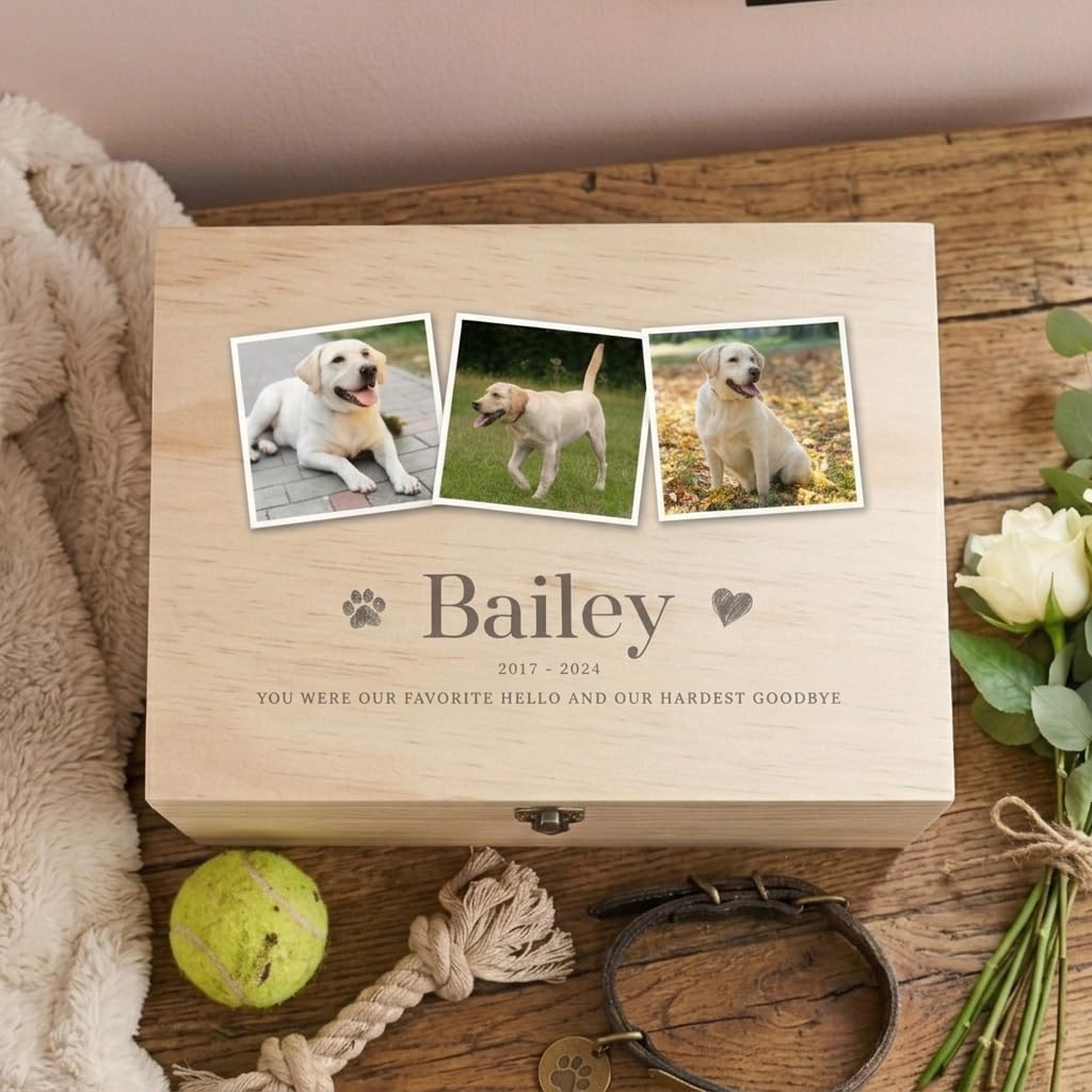 Scatola commemorativa per animali domestici, in legno, con tre foto, personalizzabile con nome, date e dedica, regalo per la commemorazione di cani o gatti, in legno di pino con cerniere e chiusura in
