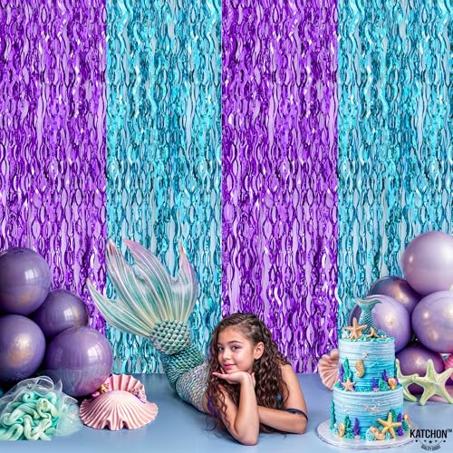 Image of KatchOn, Large Wavy Purple and Blue Fringe Curtain - Pack of 2 | Mermaid Birthday Decorations, Beach Party Decoration | Purple and Blue Foil Fringe for Under The Sea Party Decorations