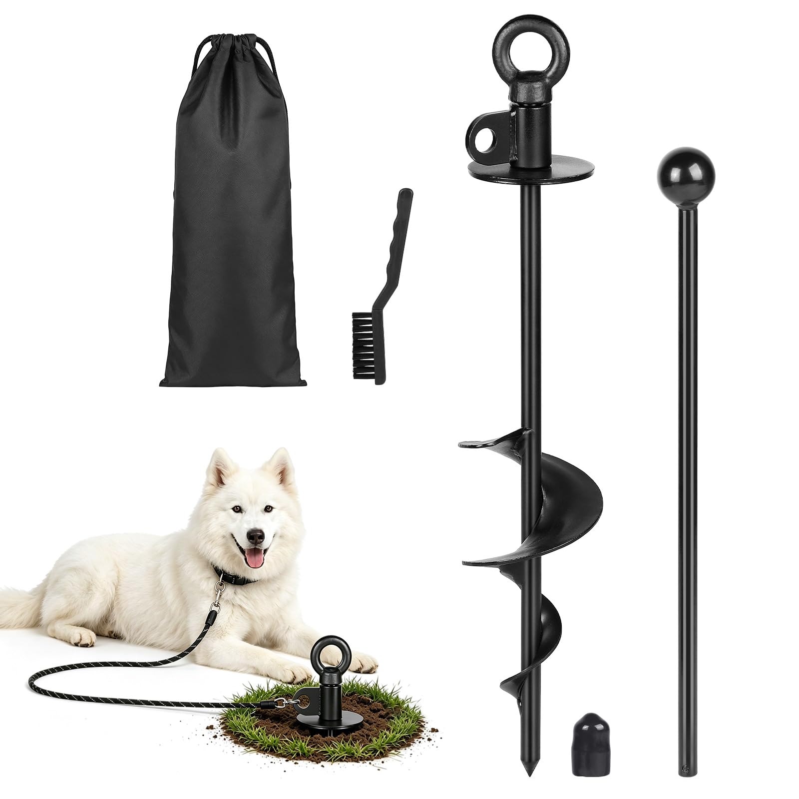 SWAWIS Piquet d'attache pour Chien Noir 38cm avec Anneau Rotatif à 360°, pour Chiens Pesant Moins de 100kg, avec Brosse de Nettoyage et Levier, pour Camping Plage Pelouse, sans Enchevêtrement