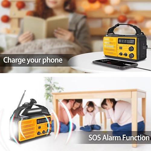 Miniatura 5 de Radio de emergencia, Puiuisoul 8000mAh radio solar portátil meteorológica con manivela, lámpara de lectura, linterna LED de 3 engranajes, alarma