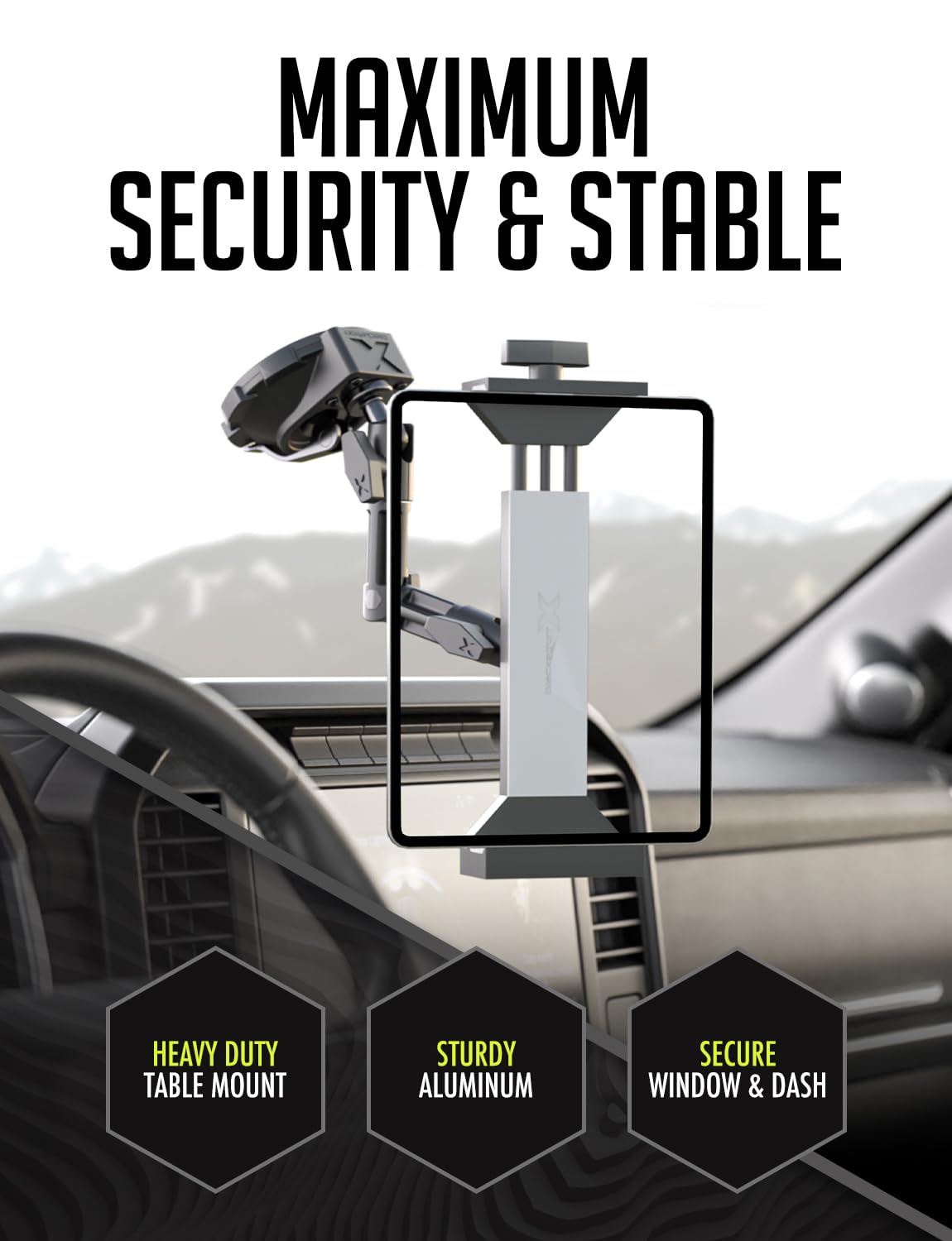 Bracketron HD Tablet Dock PRO Dash and Window metalowy uchwyt zaciskowy, uniwersalny uchwyt na tablet do samochodów osobowych i ciężarowych, kompatybilny z tabletami o szerokości do 25 cm