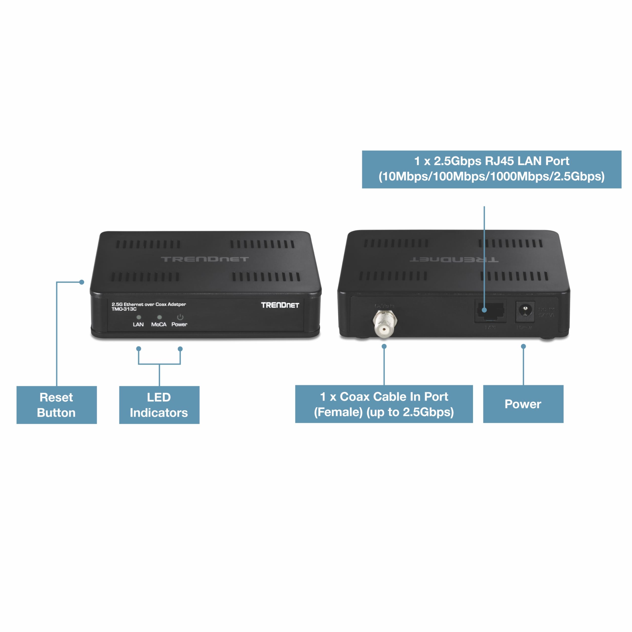 TRENDnet 2,5 Gbit/s Ethernet-Over-Koax-Adapter, TMO-313C, 1 x MoCA-Koaxial-F-Buchse, 1 x 2,5 Gbit/s RJ45-LAN-Port, NDAA- und TAA-konform