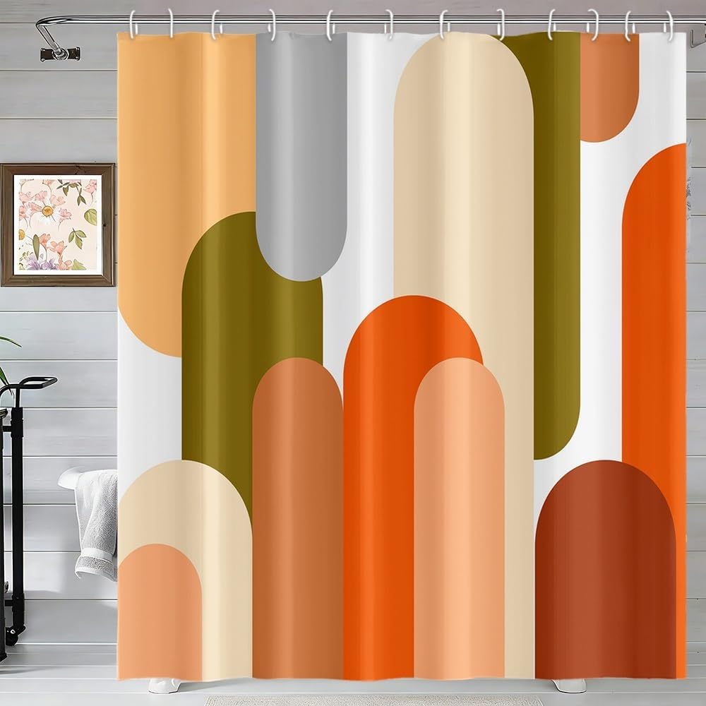Boho Mid Century Shower Curtain Abstract Retro Colors Geometric Pattern Lines Bath Curtain Waterproof Polyester Fabric for Vintage Aesthetic Bathroom Bathtub Decor 72x84 Inch