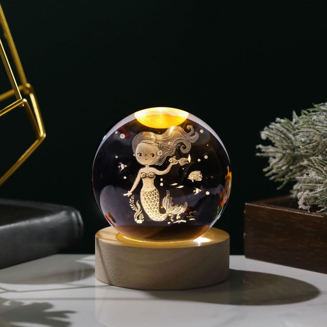 3D Laser Engraved Crystal Ball Decor, Multiple Designs,USB-Powered with Warm Yellow Lighting, Home Room Decor Led Night Lamp, for Gifts & Home (Mermaids)