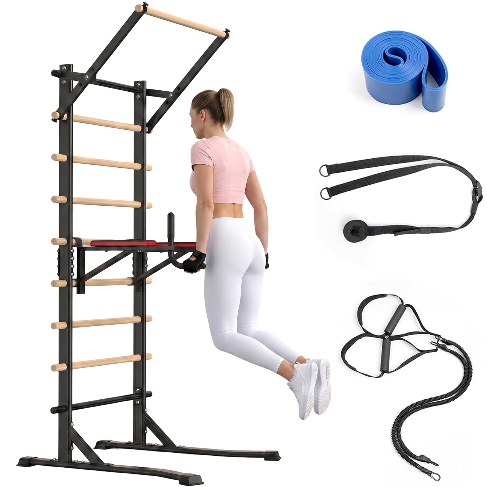 Freestanding Wall Bars with Pull Up Bar & Dip Station, 228 cm Power Tower without Wall Mounting, Home Power Station 150 kg Load Capacity