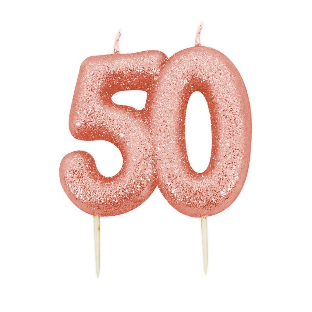 50th Birthday Candle, Metallic Rose Gold Glitter Number 50 Cake Topper, 50th Birthday Cake Decoration for Men/Women, 7cm