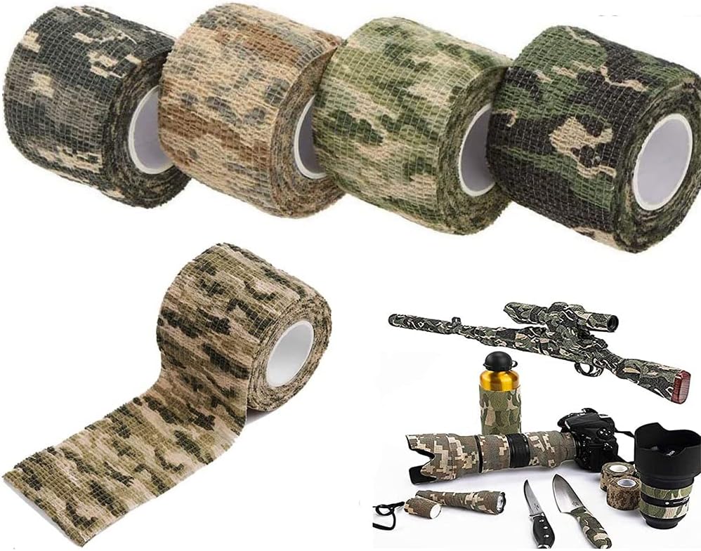 AUVSTAR Camo Tape Fabric Wrap,Self-adhesive Protective Camouflage Tape Wrap,Tactical Multi-functional Non-woven Fabric Stealth Tape Stretch Bandage for Outdoor Military Hunting (4pce)