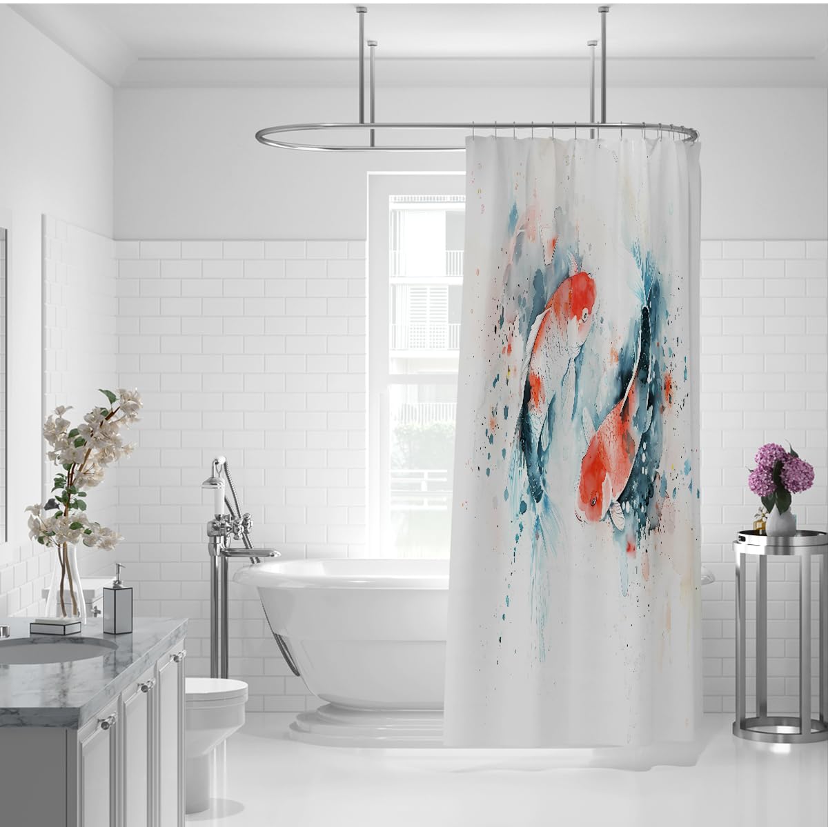 Japanischer Koi-Fisch-Duschvorhang Orientalische Ästhetik Duschvorhang Aquarell Tier-Badezimmerdekoration Wasserdichter Polyesterstoff mit Haken W220xL180 cm
