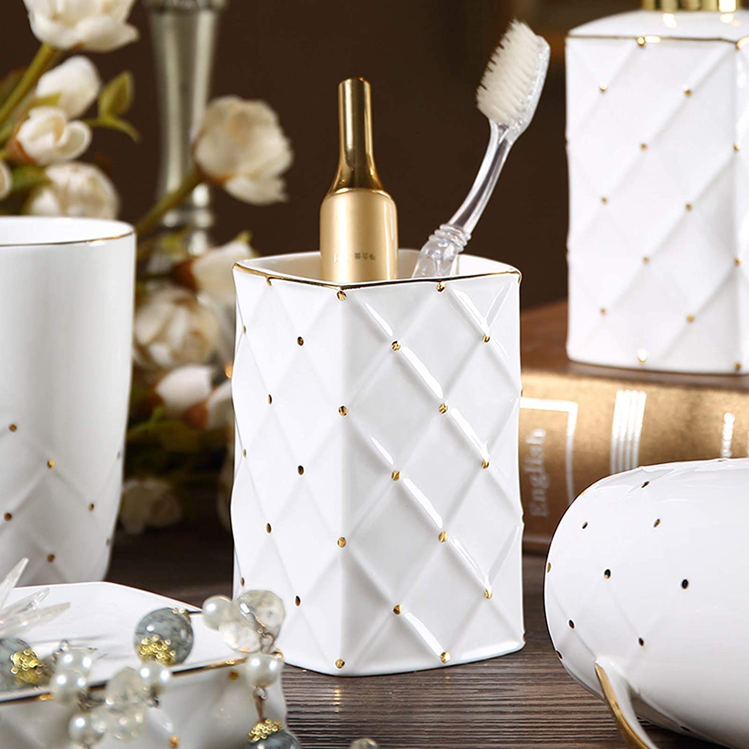 Badezimmer Set Seifenspender Set Badezimmer-Set Aus Keramik Im Barockstil, 5-teilig, Im Europäischen Stil, Kreatives Badezimmerzubehör, Badezimmerzubehör-Set Deko Badezimmer (Color : A)