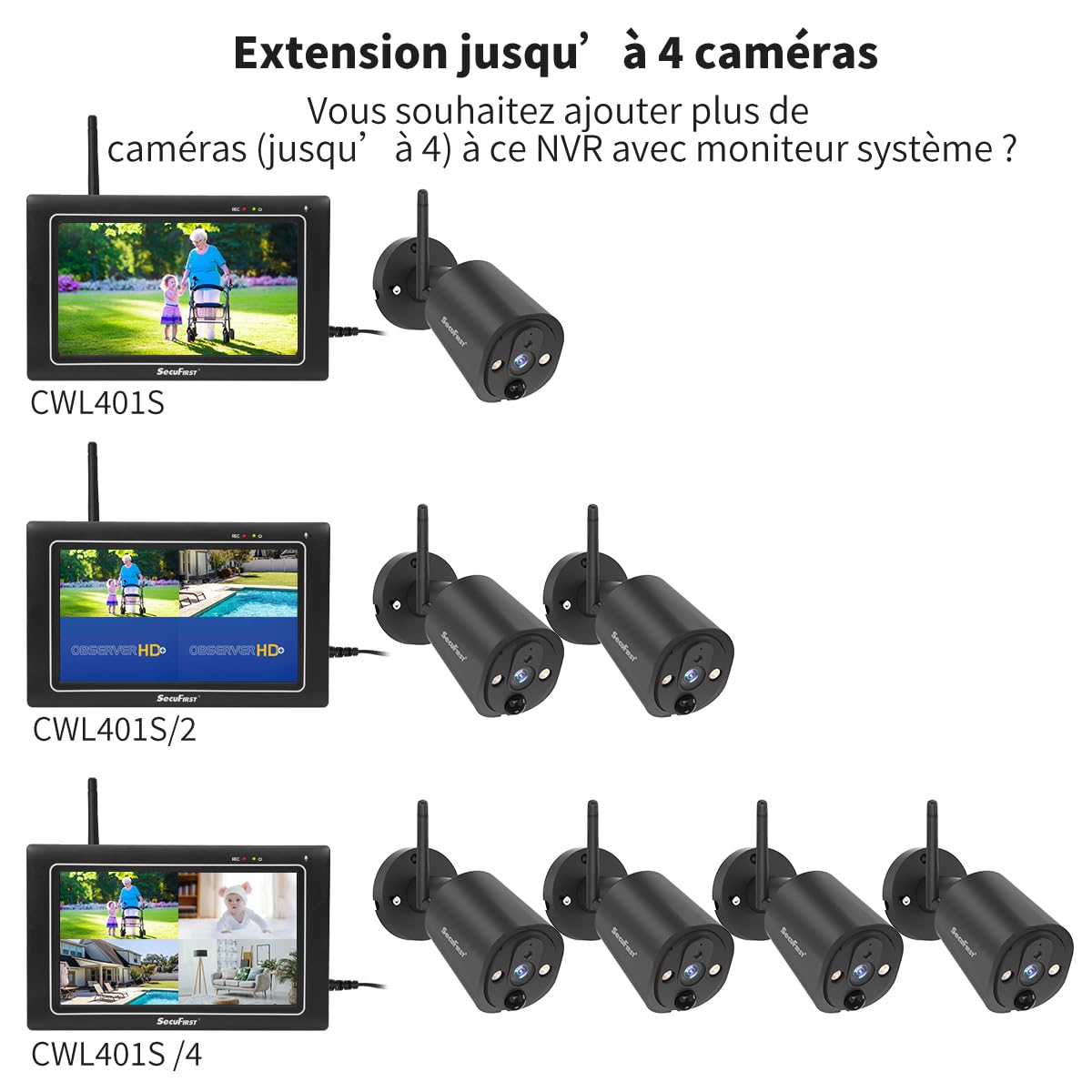 SecuFirst Caméra de Surveillance Extérieur sans Fil avec Moniteur | Travailler sans WiFi,Écran Tactile 7"+Vidéo Camera Bebe 2K QHD,AI Détecteur Mouvement,Sirène,Carte SD 64Go, Interphone