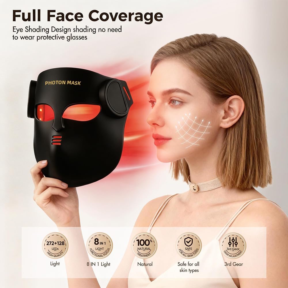 Elitzia LED-Lichttherapie-Maske Gesicht & Hals Infrarot Therapie Maske | 400 LED-Perlen, 8 Farben Licht, 3 Energiestufen, einstellbare Zeit, langer Akku, leicht, Hellt matte Haut auf Schwarz