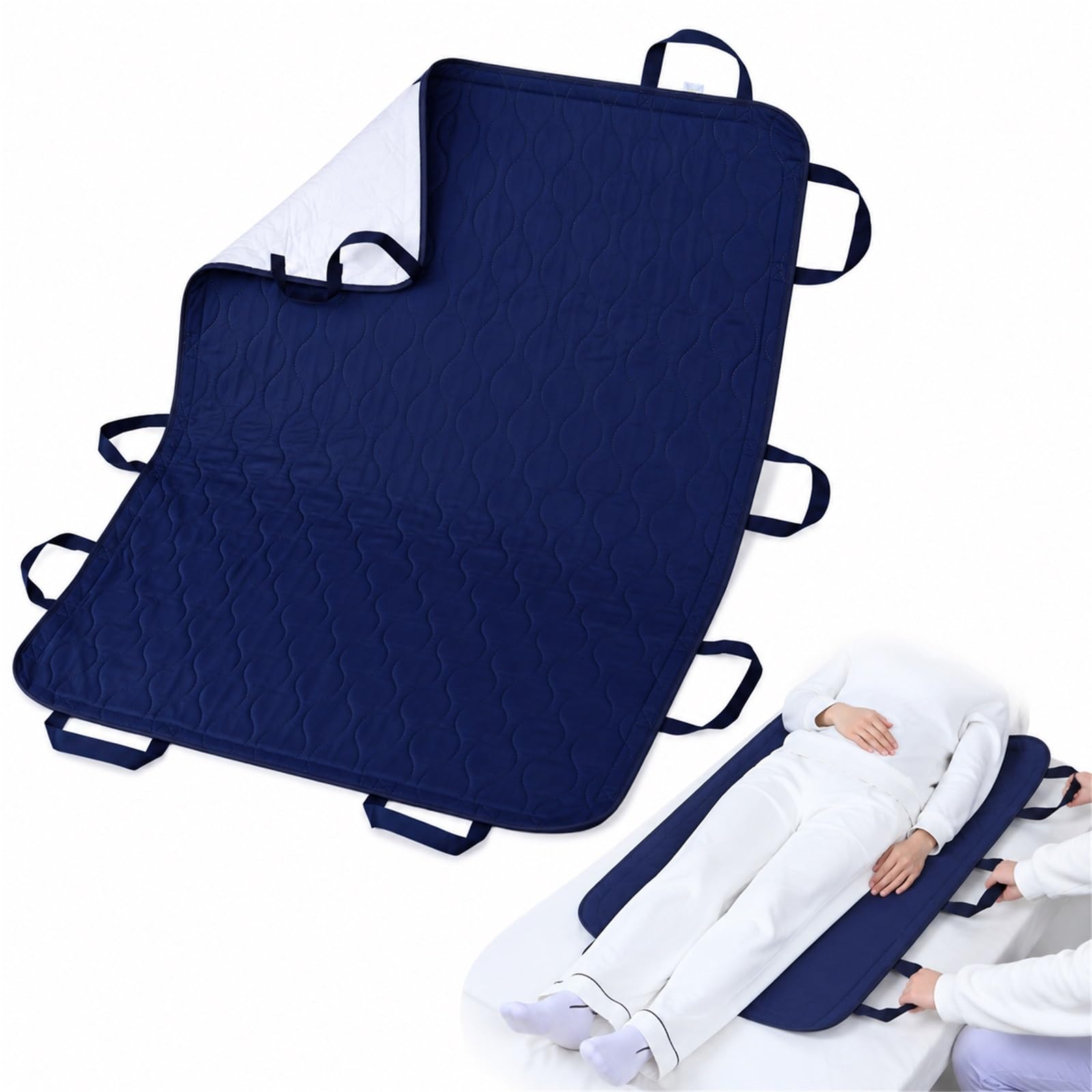 Empapadores de Cama Lavables con 10 Asas Sábana de Transferencia de Pacientes Impermeable Almohadilla de Posicionamiento Reutilizable para Personas(5layers 8 handles blue grid90*150)