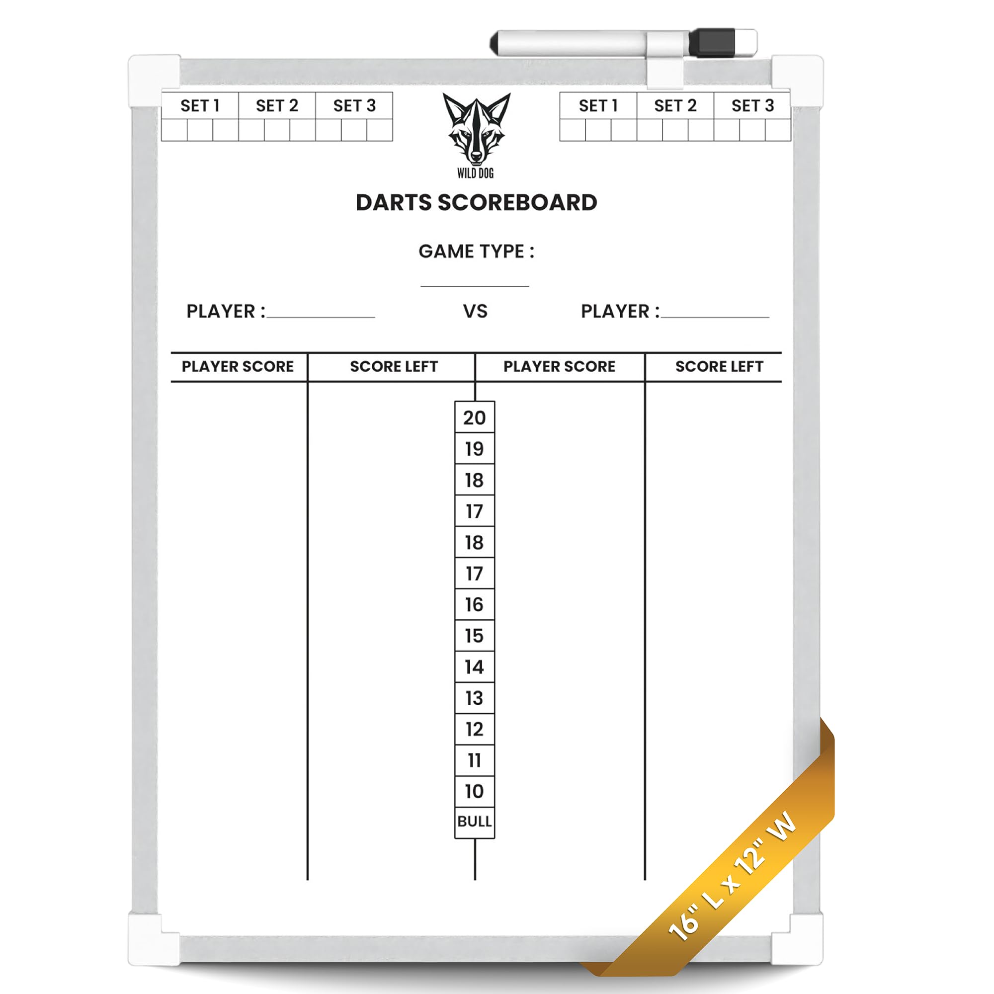 Darts Scoreboard Whiteboard Scorer | Complete Scoring System with Counter Columns Eraser & Pen, Wall Mount Strips | Dart Score Board for 501, Cricket & All Dartboard Games | Darts Gift For Fathers Day