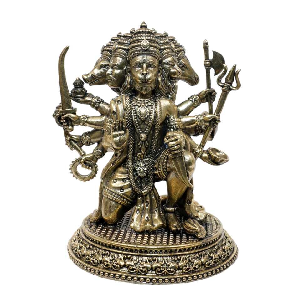 Image of Brass Panchmukhi Hanuman Statue Intricate Detailing Small Five-Faced BajrangBali Idol for Car Dashboard & Home Decor Pack of 1 (7 INCH)