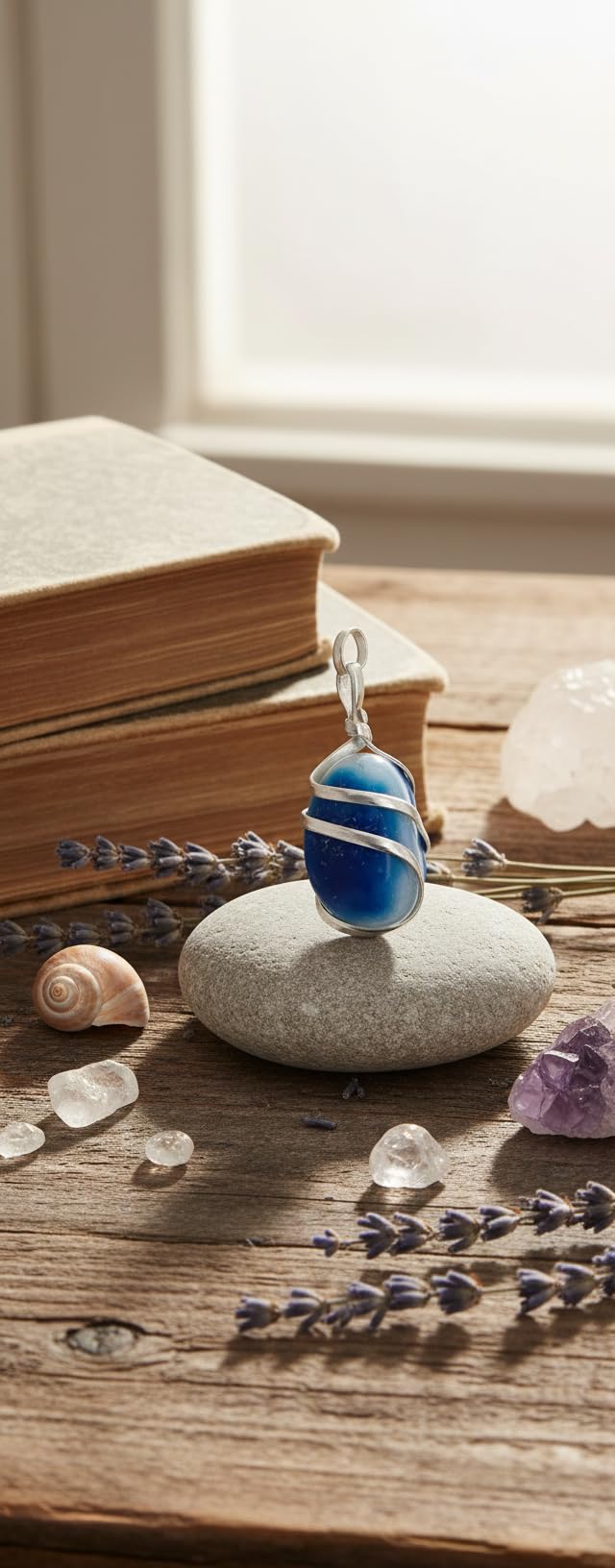Colgante de Ágata Azul Teñida con Espiral en Baño de Plata