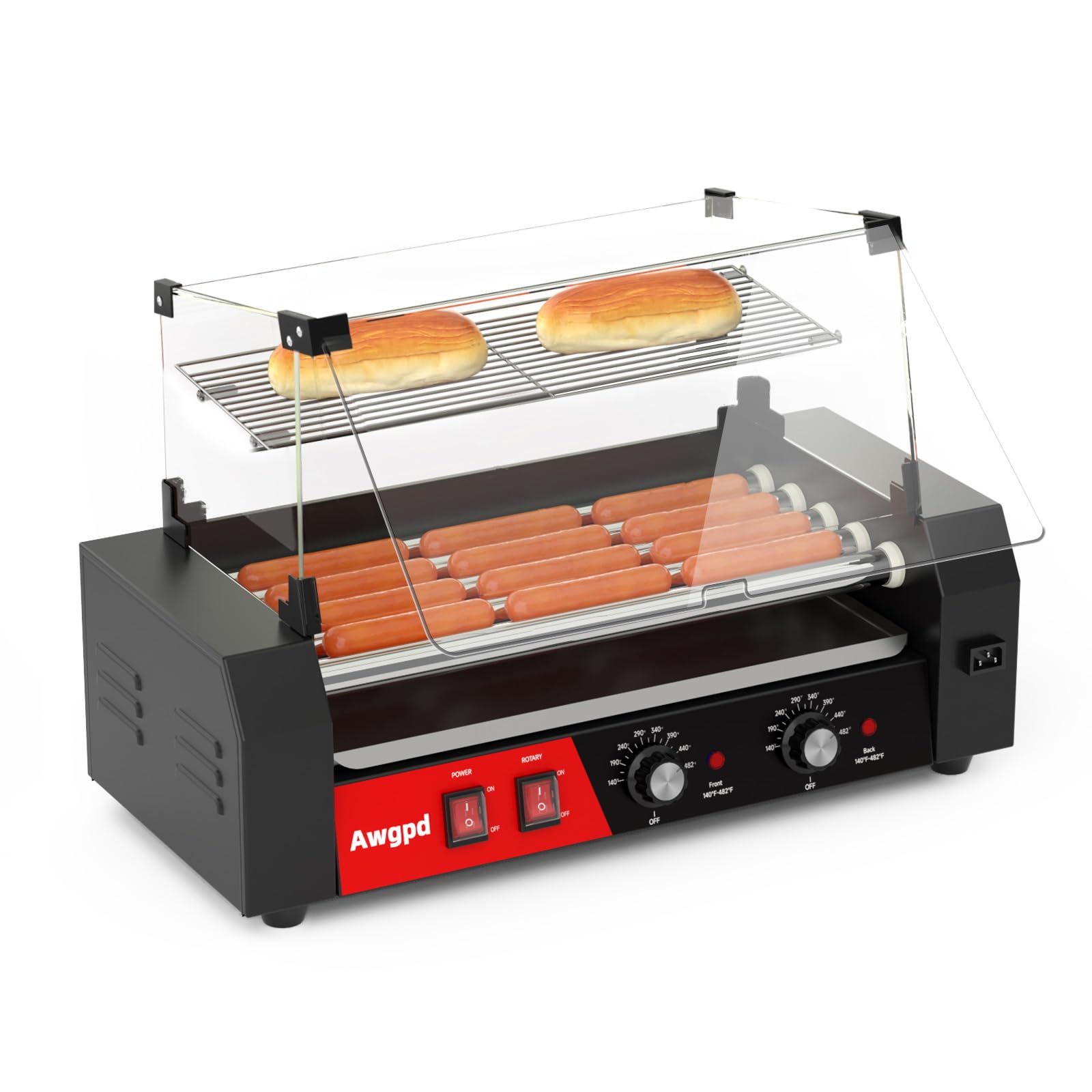Máquina de rodillos Hot Dog, 12 perros calientes y 5 rodillos antiadherentes, doble control de temperatura, acero inoxidable, negro
