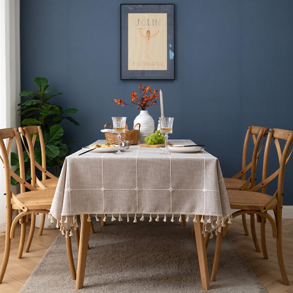 Nappe en coton et lin kaki 140x300 cm brodée à glands pour table de cuisine