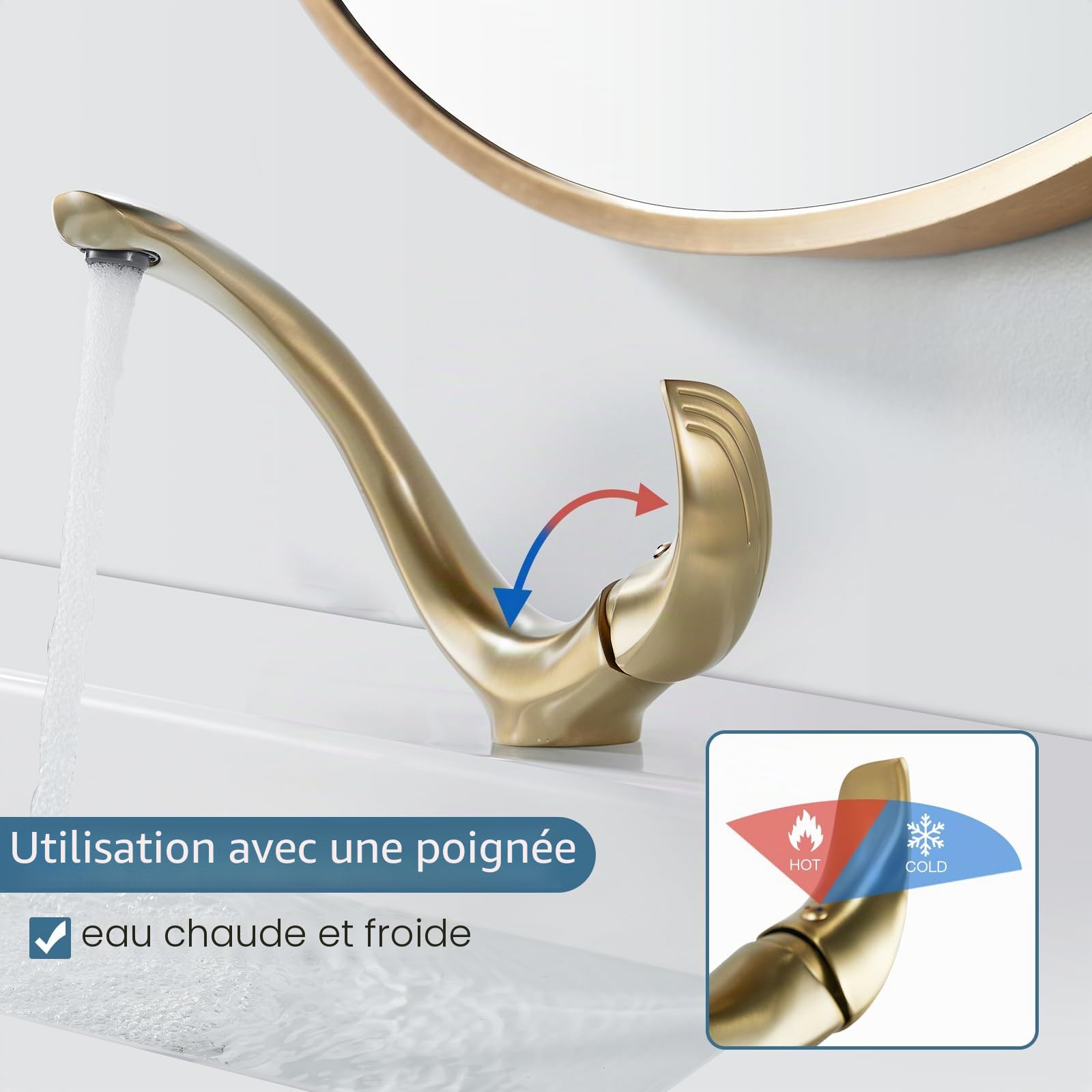 Hermodly Robinet de Salle de Bain - Robinet de Lavabo en Laiton Froid et Chaud - Mitigeur Monocommande - Or - Style Contemporain - Montage sur Pont - Salle de Bain