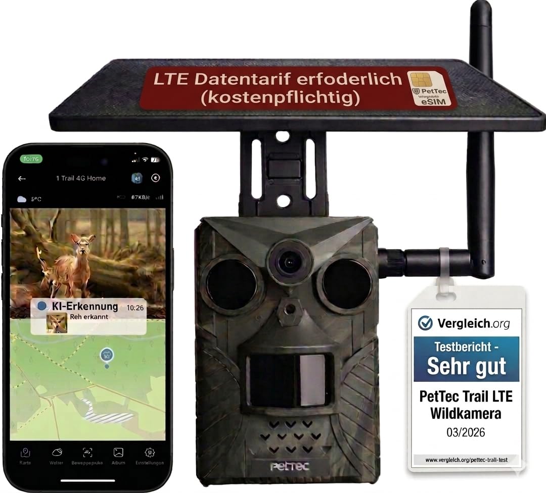 PetTec - PetCam Trail 4G Wildtierkamera mit Solar Panel und mit Nachtsicht & Bewegungsmelder - Außenkamera 120° Weitwinkel mit LTE & 0,3s Auslösezeit - Wildkamera IP66 inkl Montagezubehör & Gurt