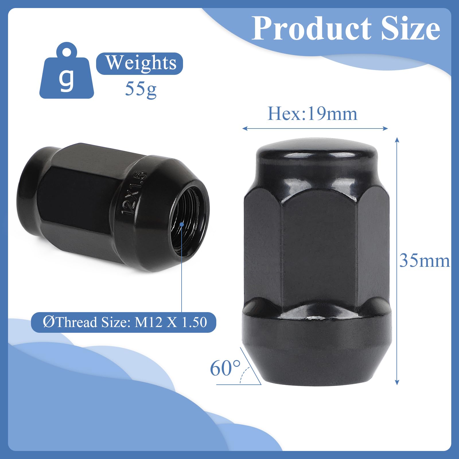 EFUTURETIME 20 x Dadi Ruota M12 x 1,5 Collare Conico Chiuso 60°, Compatibile con Ford, Toyota, Hyundai, Kia, Mazda, Honda, Chrysler - Nero