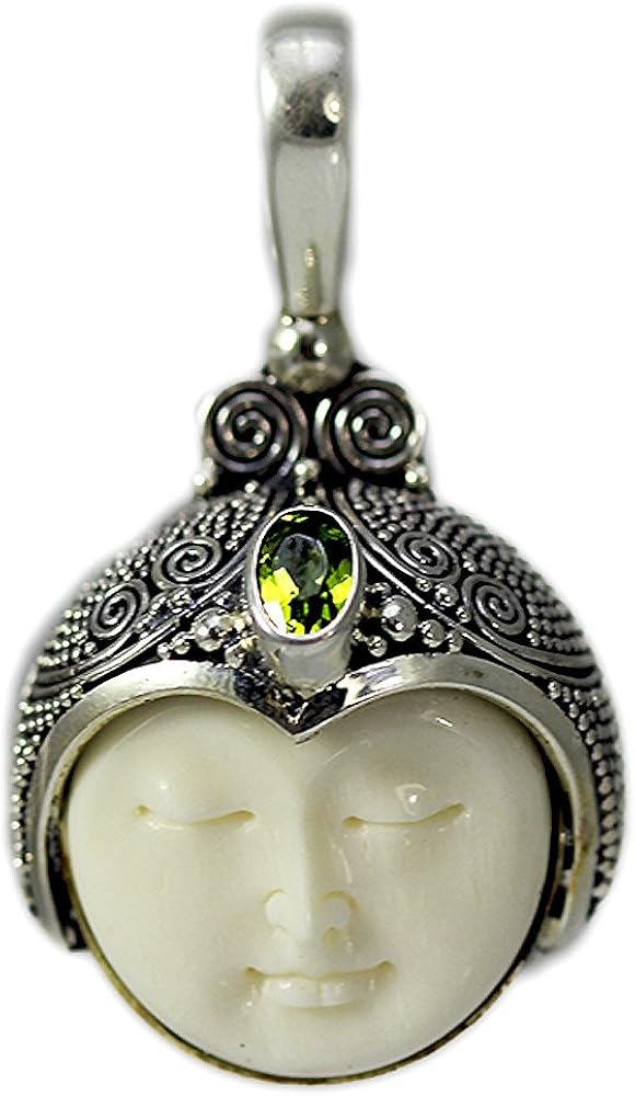 Carved Bone Face Pendant with One Peridot Stone Clothing, Shoes & Jewelry