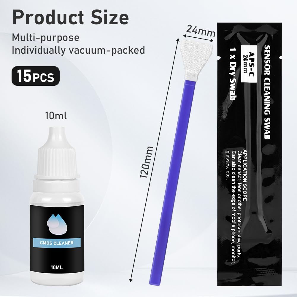 Kompletny zestaw do czyszczenia czujników ramowych z 15 częściami, płyn 10 ml, 24 mm Swab z mikrofibry do obiektywów, filtrów, urządzeń