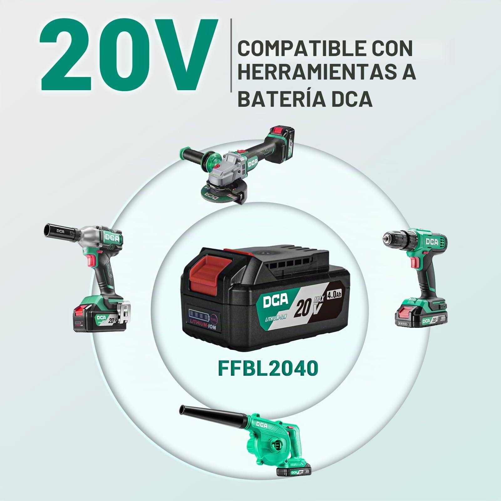 DCA Batería de iones de litio de 20V MAX, paquete de batería de 4,0Ah de alta capacidad, herramienta de batería compacta de 20V, 590g (FFBL2040)