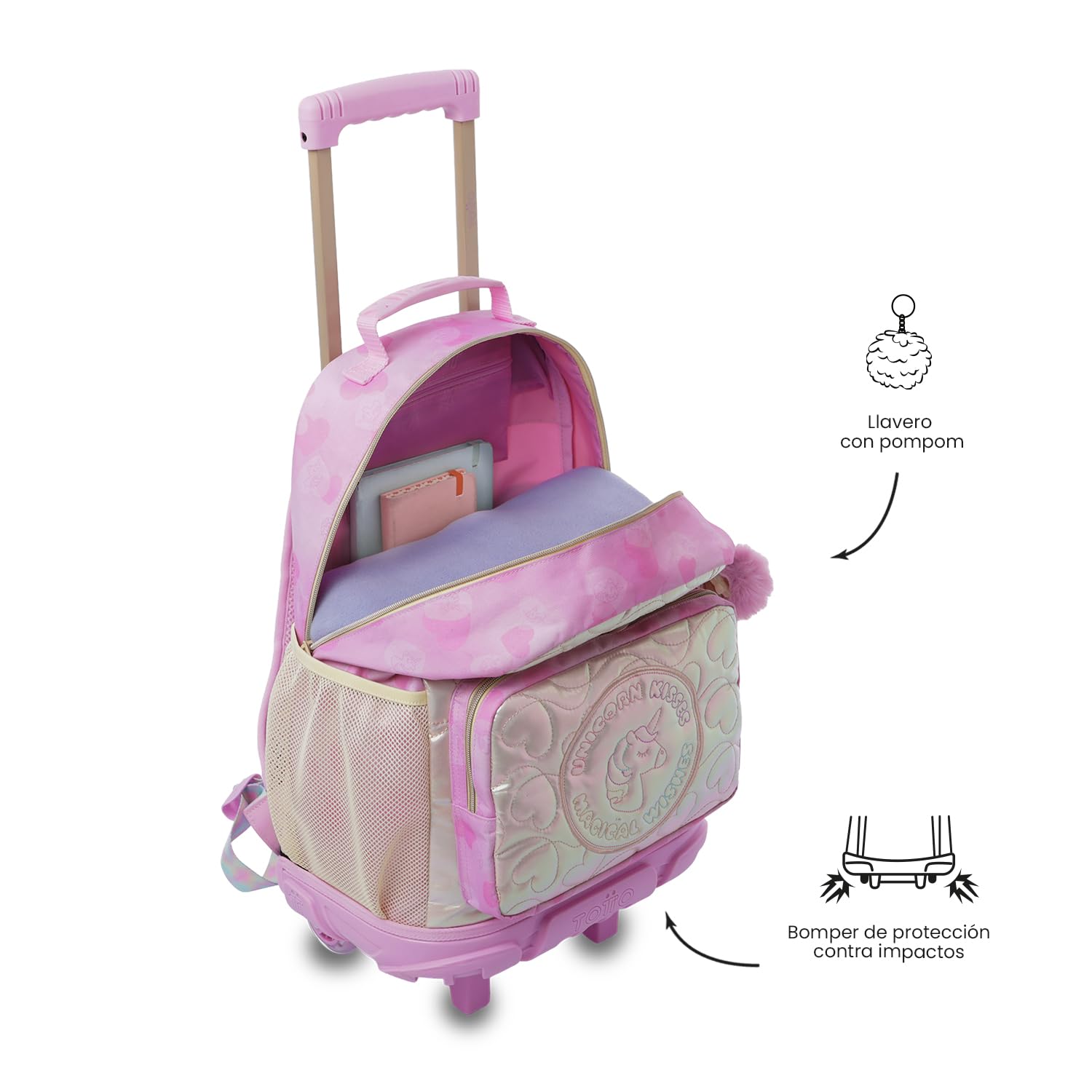 TOTTO - Mochila Escolar con Ruedas, Modelo Unicorn Kisses L, Mochila Grande, Capacidad 31 L, Bolsillos Botella, Compartimento Frontal, Protección en la Base, Correas Ajustables, Estampado Rosa