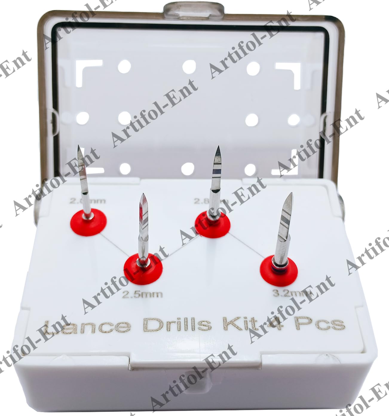 Long Lance Pilot Drill Kit – 4-Piece Silver Implant Positioning Drills with Laser Markings & Plastic Holder – #OS1066