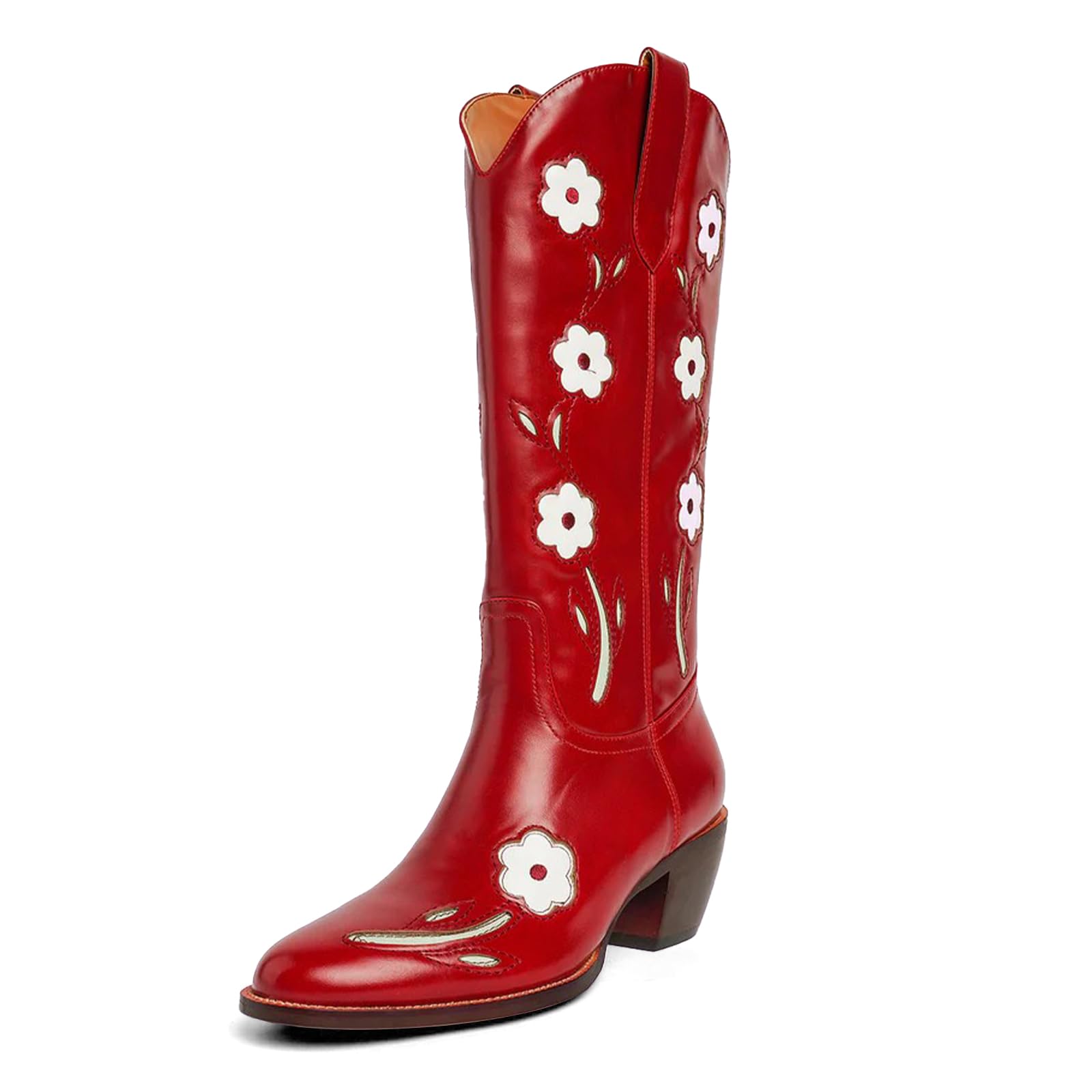 Mid Calf Cowboy Boots for Women with White Floral Embroidered Vintage Country Boot Pointed Toe Chunky Heel Patent