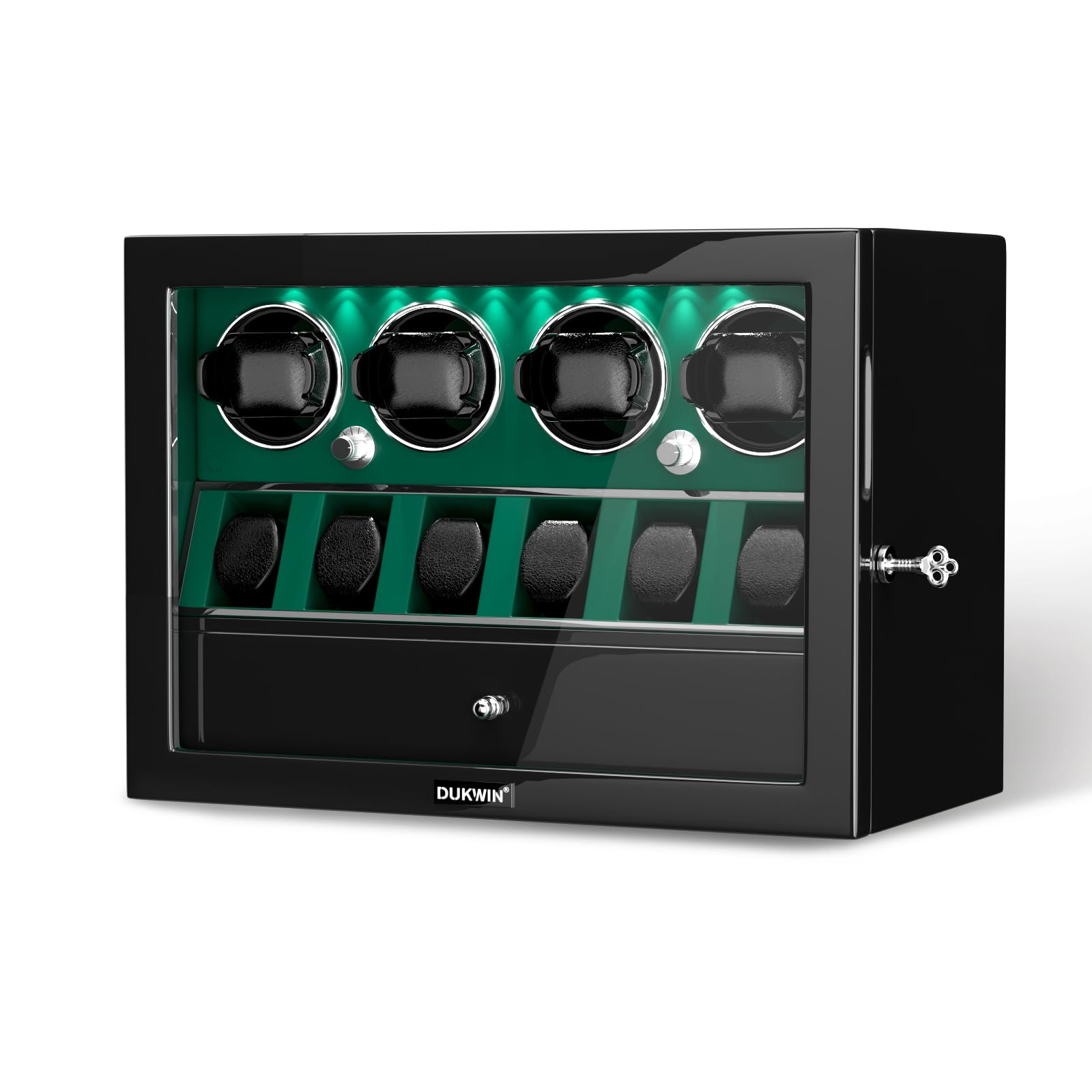 DUKWIN Watch Winder for 2/4/6/8 Automatic Watches,Lockable Watch Winders with Watch and Jewelry Storages,Built-in Illumination, Green Watch Winders for 4 Watches