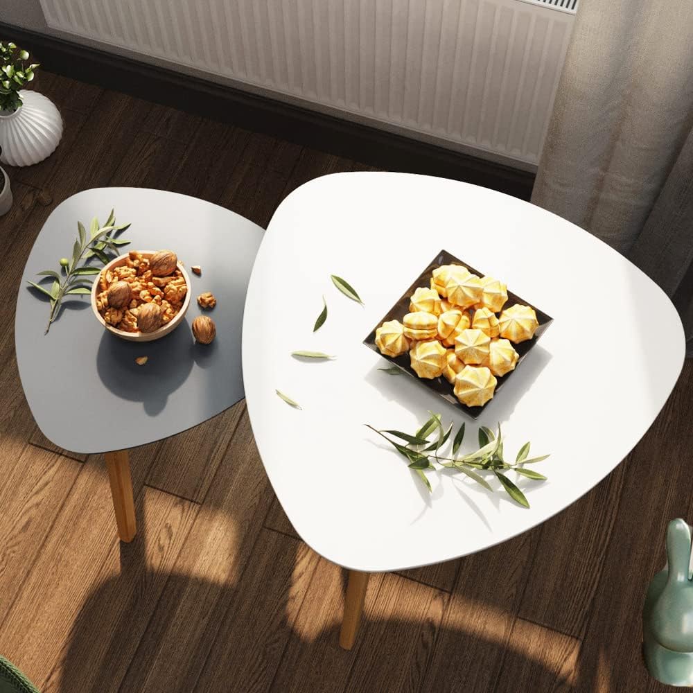 Masroo Bamboo Nesting Triangle End Table,Set of 2 Coffee Table Modern Minimalist Side Table for Living Room, Balcony in White & Grey