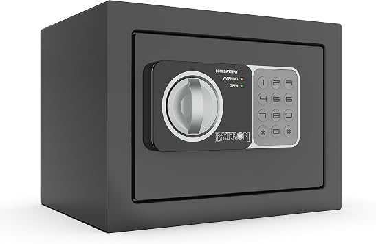 PATRON small safe box with key,mini safe for money,small coin safes for home with code,little jewelry lock box for kids,Wall or Cabinet Safe for personal items,0.236 Cubic Feet Black