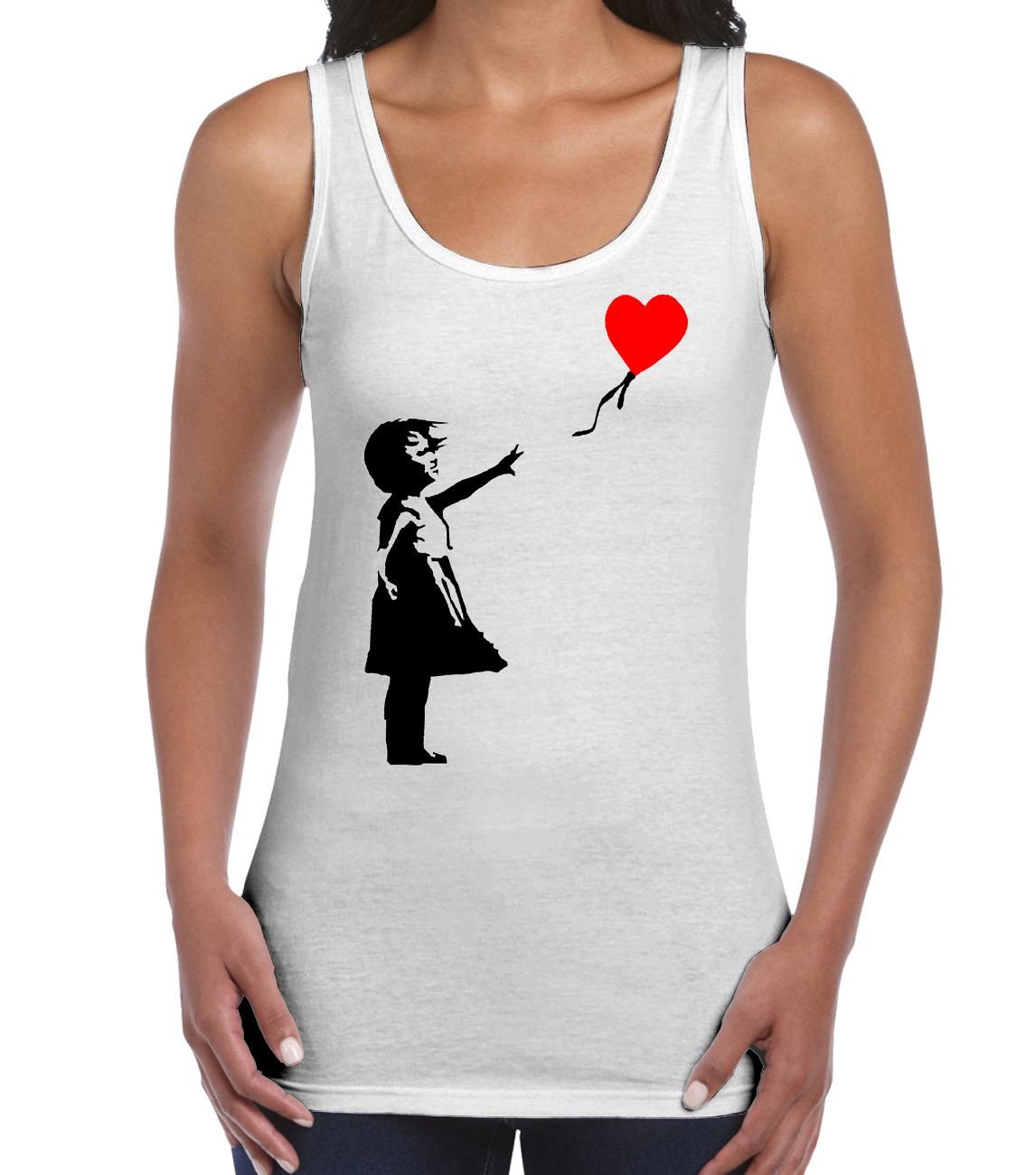 Tribal T-Shirts Womens Banksy Girl with Heart Balloon Vest Vest Top (Medium, White)