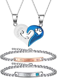 4Pcs Couple Necklace Bracelet Set Matching Bracelets for Couples Matching Necklaces for Bf and Gf Couple Gift for Her Boyfriend Necklace for Him Valentine's Day Gift
